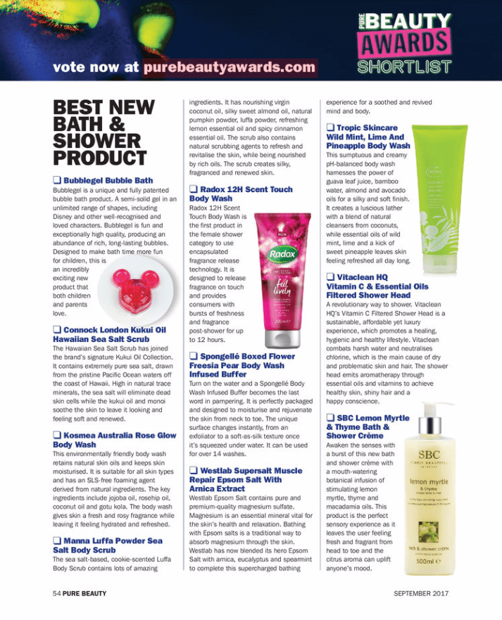 Pure beauty awards magazine shortlist best bath and shower product