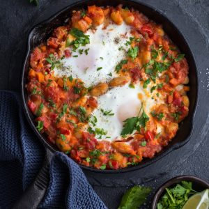 Baked,Eggs,With,Spicy,Beans,And,Tomato,Sauce.,Top,View.